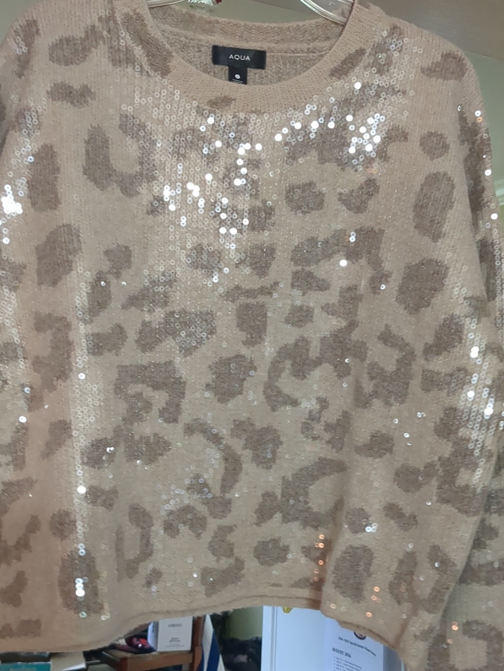 Aqua Womens Sequin Leopard-Print Sweater - Beige